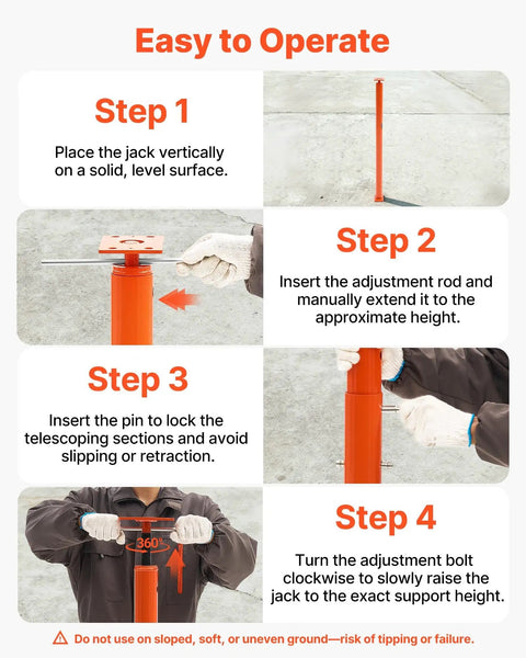 VEVOR 2 Pack Telescoping Jack Posts Heavy Duty Steel Support Beams adjustable setup steps for house leveling tasks.