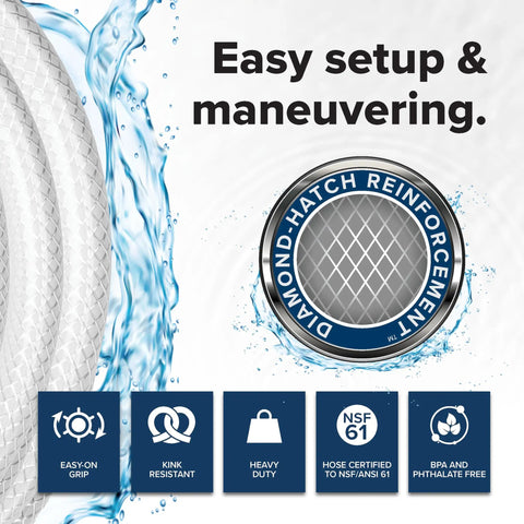Image showing 25 Ft RV Drinking Water Hose Lead Free BPA Free And Phthalate Free With Diamond Hatch Reinforced PVC features.