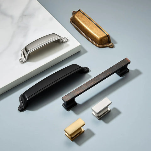 Slick And Badass 10 Pack 5 Inch 128 Millimeter Hole Center Brushed Brass Cup Pulls For Kitchens Drawers Cabinets Closets Top Shelf Cabinet Hardware With A Dope Brushed Gold Finish That Really Gets The Job Done displayed with various finishes.