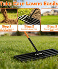 Heavy Duty Stainless Steel Lawn Leveling Rake With 78 Inch Adjustable Handle for Garden Yard Golf Course Farm and Pasture Maintenance 30 by 10 Inch Leveler Tool for Smooth Lawn Grading in use on grass with instructional steps.