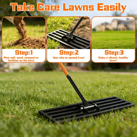 Heavy Duty Stainless Steel Lawn Leveling Rake With 78 Inch Adjustable Handle for Garden Yard Golf Course Farm and Pasture Maintenance 30 by 10 Inch Leveler Tool for Smooth Lawn Grading in use on grass with instructional steps.