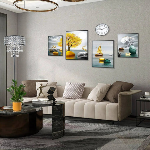 Modern Black Floor Lamp With K9 Clear Glass Crystals in stylish living room with wall art and beige sofa