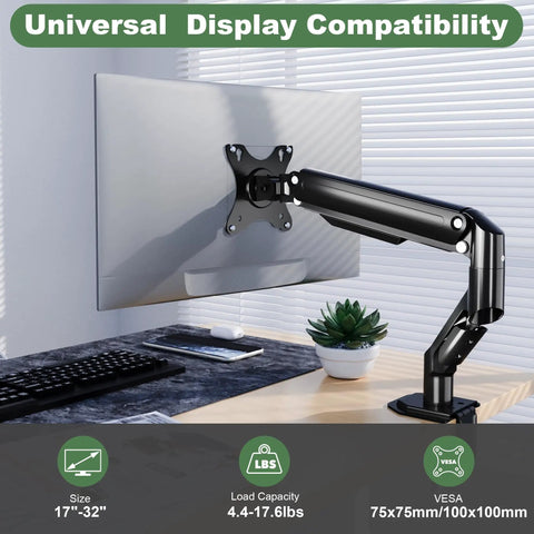 Heavy Duty Single Monitor Mount Arm For 17 To 32 Inch Flat Or Curved Screens Swivel Tilt High Reach Aluminum Desk Stand, black arm attached to a monitor.
