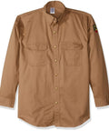 Flame Resistant Cotton Work Shirt With Durable Metal Snap Closures Chest Pockets With Flaps Long Sleeve Khaki 7 Oz