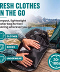 Grab And Go Portable Travel Washing Machine With Retractable Clothesline For Hotels Cruises And Camping Easy Manual Hand Wash Bag in use outdoors.
