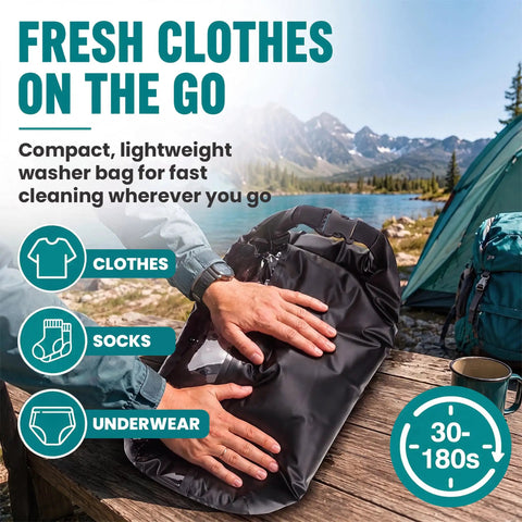 Grab And Go Portable Travel Washing Machine With Retractable Clothesline For Hotels Cruises And Camping Easy Manual Hand Wash Bag in use outdoors.