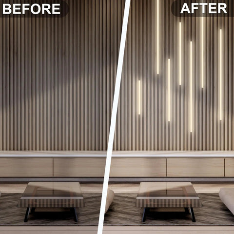 Before and after installation of 8 Pack Recessed Linear LED Strip Light Kit 200 Inches Total Length 3000K Warm White on slat wall panels