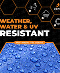 Close-up of wet surface on Beefy Heavy Duty Blue Poly Tarp 20 Ft By 40 Ft Lightweight Waterproof And Weatherproof Cover labeled as weather, water, UV resistant.
