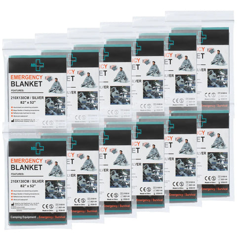 Emergency Silver Foil Mylar Blanket 12 Pack for Outdoors Hiking Survival Marathons and First Aid Kits packaging view.