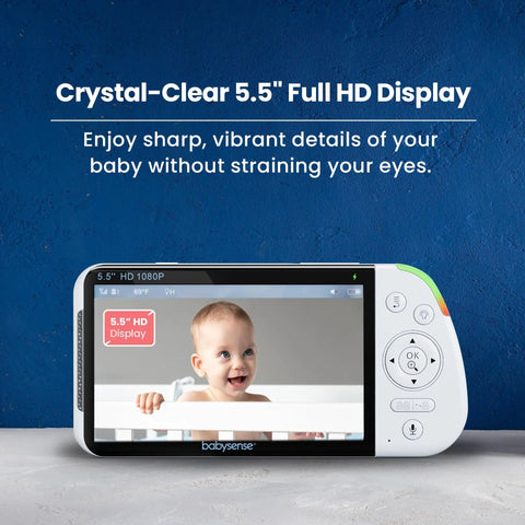 Full HD 5.5 Inch Split Screen Baby Monitor with image of baby on display, white case, control buttons visible