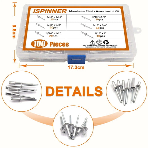 Plastic case displaying 100 Piece Aluminum Blind Rivets Kit Pro Grade Pop Rivets Assortment With 3/16 Inch Diameter Across Six Lengths