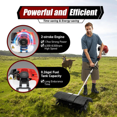Beast 52cc Gas Power Sweeper With 2 Stroke Engine, Handheld Side Mounted Broom, Air Cooled System, Walk Behind Leaf Cleaner For Lawns, Turf And Artificial Grass Debris.