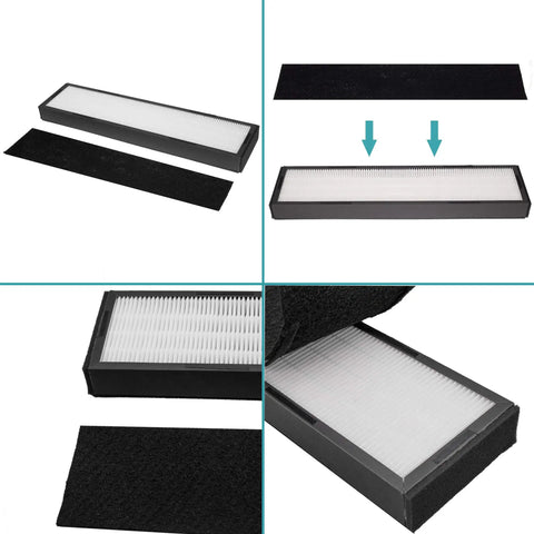 FLT5000 Filter C True HEPA Replacement Filter for GermGuardian Air Purifiers shown with charcoal pre-filters, size 19.1x4.7x1.6