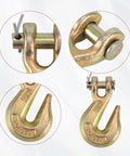 Two yellow-zinc 3/8-inch clevis grab hooks with pins; forged steel construction.