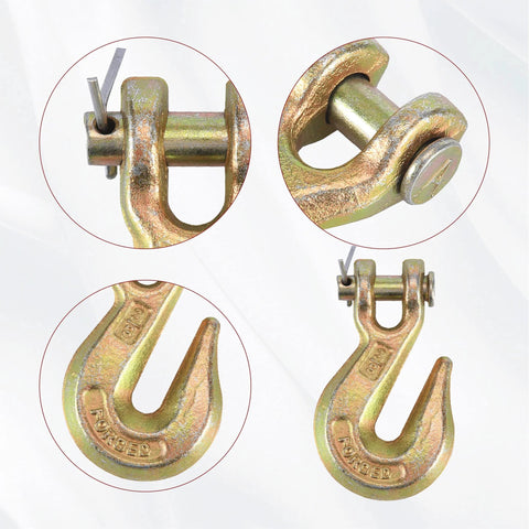 Two yellow-zinc 3/8-inch clevis grab hooks with pins; forged steel construction.