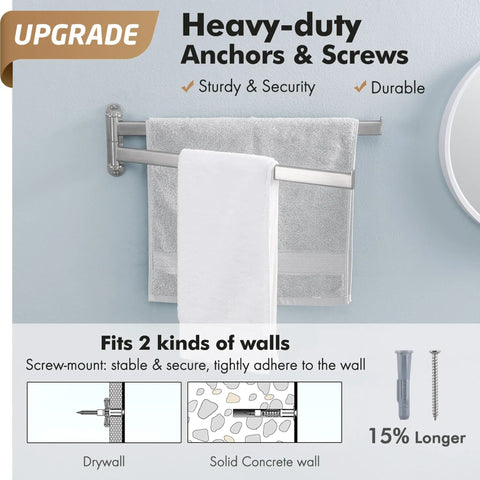 Ultra Sturdy 15.5 Inch Four-Arm Swivel Towel Rack For Wall Mount, Built For Real Life Bathrooms, stainless steel on wall