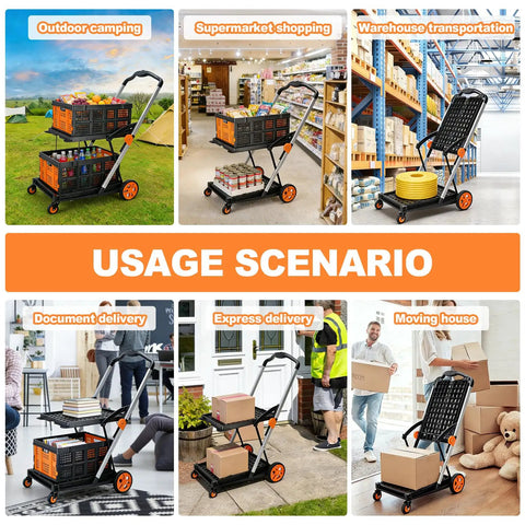 Collapsible Shopping Cart With Two Storage Crates And Two Tie Down Straps, 200 Pound Capacity Wheeled Grocery Cart, in various usage scenarios such as camping, shopping, and delivery.