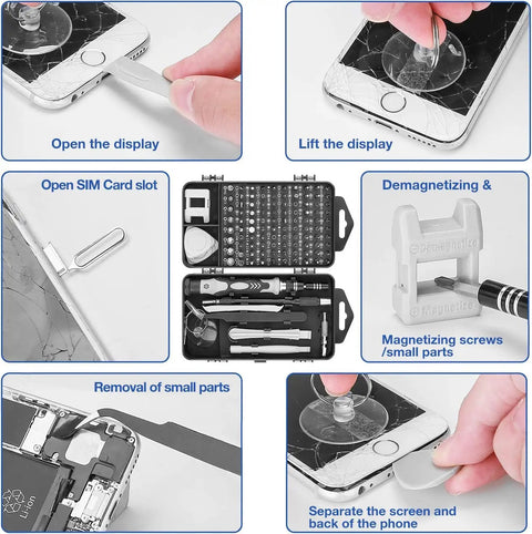 115-In-1 Precision Screwdriver Set With Magnetic Bits And Flexible Shaft For Electronics Repair, disassembling a smartphone.
