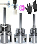 DIY PVC Pipe Threader Set One Half Three Quarter One Inch Internal External Threading Tool Dual Function Heavy Duty Carbon Steel Cutter With Drill Adapter For Plumbing And Home Repair, 3-piece set shown with gloves and drill adapter.
