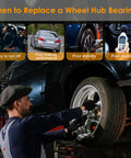 Mechanic inspecting wheel hub and bearing assembly on a lifted vehicle in garage, related to Front Or Rear Wheel Hub And Bearing Assembly.