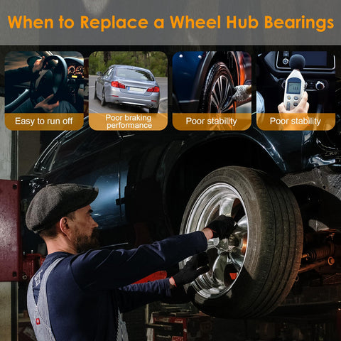 Mechanic inspecting wheel hub and bearing assembly on a lifted vehicle in garage, related to Front Or Rear Wheel Hub And Bearing Assembly.