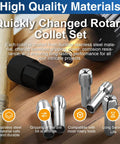 Four Piece Rotary Tool Collet Set With Clamping Nut In Stainless Steel, Snug Fit For Dremel And Most Rotary Tools on wooden table