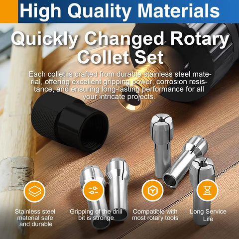 Four Piece Rotary Tool Collet Set With Clamping Nut In Stainless Steel, Snug Fit For Dremel And Most Rotary Tools on wooden table