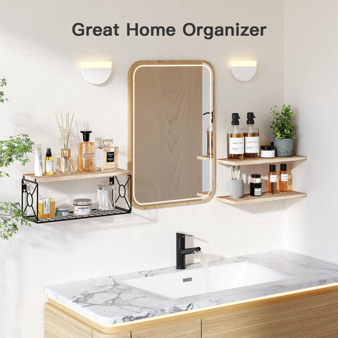 Top Tier Set Of 3 Floating Bathroom Shelves With Wire Storage Basket Crafted From Solid Natural Paulownia Wood For Durable Wall Mounted Decor And Big Time Clutter Relief, showcasing organization of bathroom essentials.
