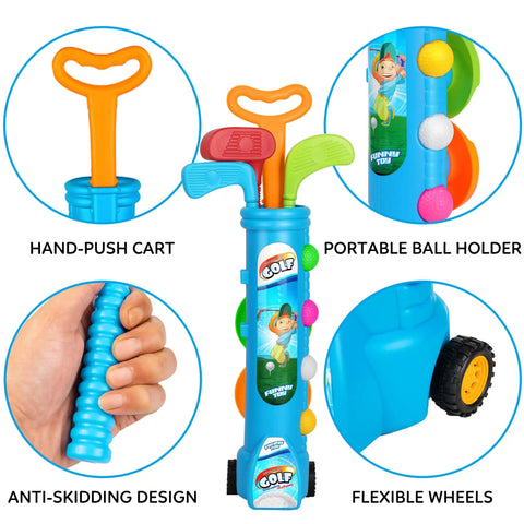 Toddler Golf Club Set With Pull Cart For Little Pros Ages One To Five Includes Super Lightweight Gear And Soft Ball, showing clubs and cart features.