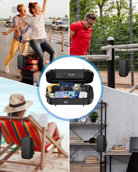 Portable Safe Box With 4 Digit Resettable Combination Lock For Travel On The Go in various outdoor and indoor settings.
