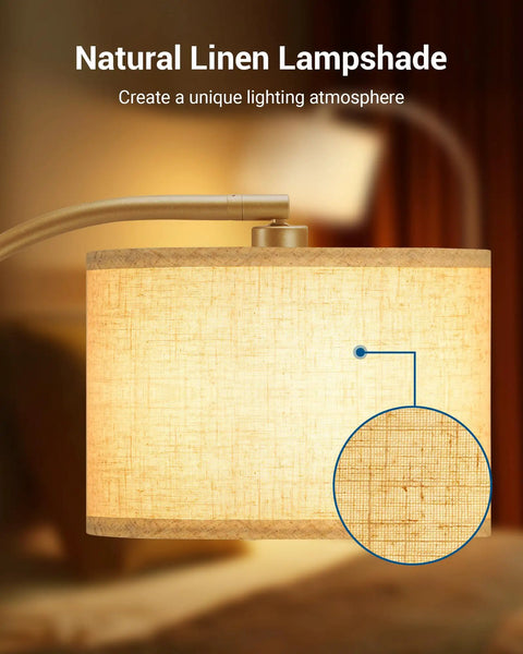 Close-up of linen drum shade on Black Arched Floor Lamp with Linen Shade Tall Industrial Standing Lamp for cozy spaces.