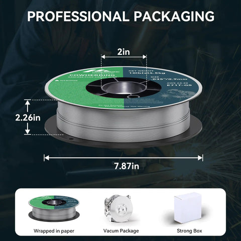 Flux Core Gasless MIG Wire 0.035 Inch E71T-GS Mild Carbon Steel 10 Pound Spool in professional packaging diagram