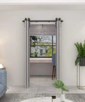 Heavy Duty Bi-Fold Barn Door Hardware Kit For Four Doors With Side Mounted Rollers Smooth Quiet Sliding Easy To Install Hinges Included To Create One Bi-Fold Door No Doors Included 51 Inch Span Built To Last Beefy Steel Track installed in living room