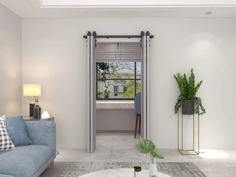 Heavy Duty Bi-Fold Barn Door Hardware Kit For Four Doors With Side Mounted Rollers Smooth Quiet Sliding Easy To Install Hinges Included To Create One Bi-Fold Door No Doors Included 51 Inch Span Built To Last Beefy Steel Track installed in living room