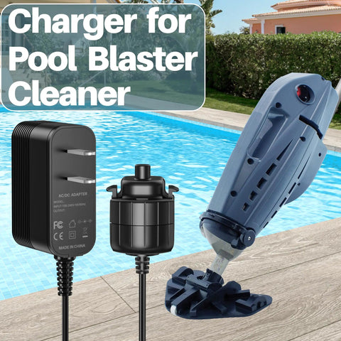 Replacement Charger Cord For Cordless Pool Vacuum Systems, Plug And Play Power Adapter, shown with cordless pool vacuum cleaner by a pool.
