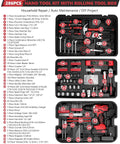 Inside view of 286-piece home and auto repair tool set with rolling toolbox and 21V max cordless drill, tools organized in layers.