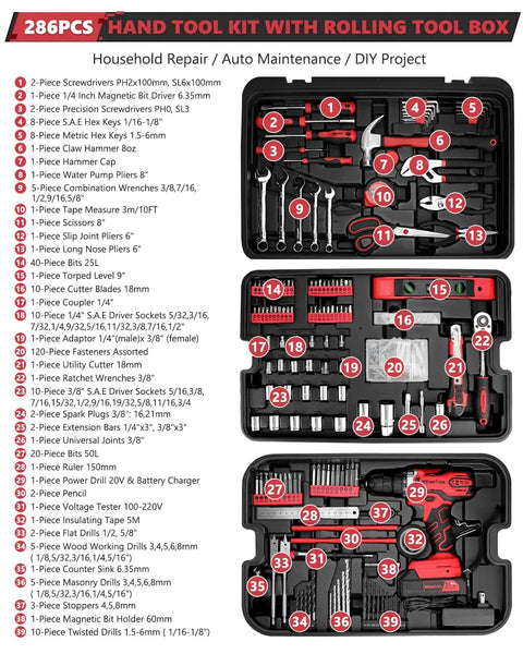 Inside view of 286-piece home and auto repair tool set with rolling toolbox and 21V max cordless drill, tools organized in layers.