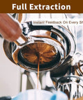 54mm Bottomless Espresso Portafilter showing coffee extraction on a Breville machine, stainless steel, close-up.