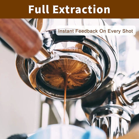 54mm Bottomless Espresso Portafilter showing coffee extraction on a Breville machine, stainless steel, close-up.