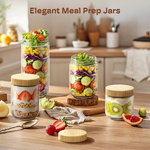 4 Pack 10oz Glass Meal Prep Jars With Bamboo Lids on kitchen counter filled with salads, yogurt, and fruit