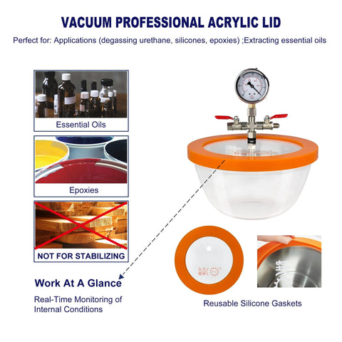 BACOENG 2.8-Quart vacuum chamber with Pyrex glass degassing bowl, orange lid gasket, gauge and valve