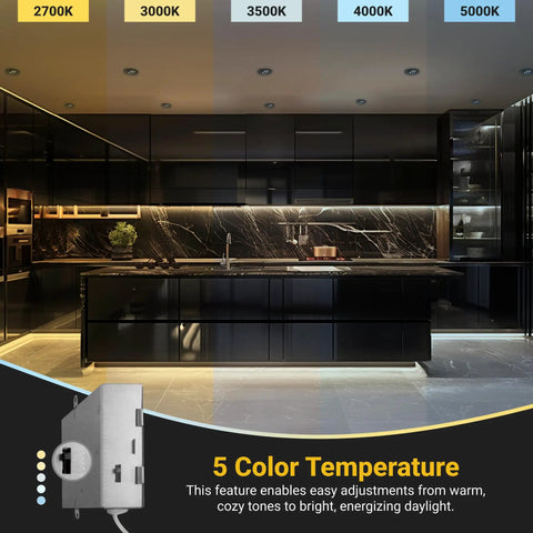 Kitchen with Black 3 Inch LED Gimbal Recessed Lights With 5CCT 2700K To 5000K Selectable, showcasing color temperature options