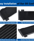 Low Pressure Drop Transmission Oil Cooler Kit Black 8.5 By 22.75 By 1.3 Inches with mounting hardware for heavy duty rigs and trucks up to 40,000 GVW LPD47391 image showing coated oil cooler for corrosion resistance with high flow inverted flair and brazed aluminum structure.