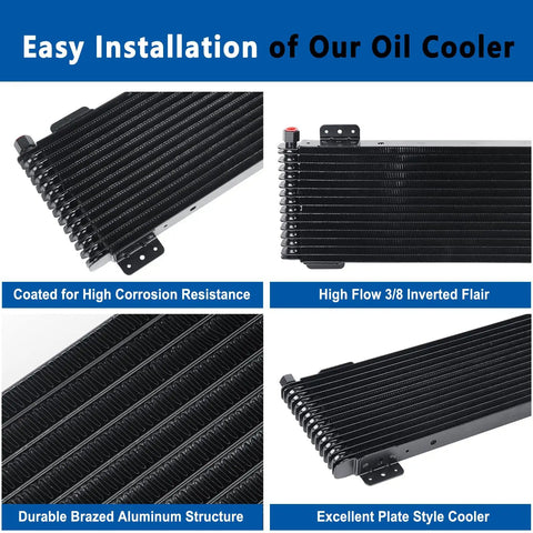 Low Pressure Drop Transmission Oil Cooler Kit Black 8.5 By 22.75 By 1.3 Inches with mounting hardware for heavy duty rigs and trucks up to 40,000 GVW LPD47391 image showing coated oil cooler for corrosion resistance with high flow inverted flair and brazed aluminum structure.