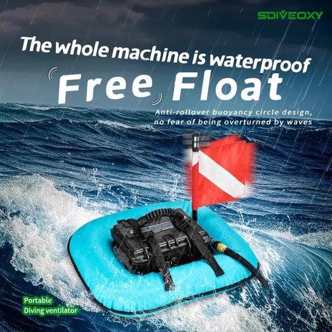 Tankless Underwater Breathing System With Rechargeable Waterproof Air Compressor And Regulator, floating on water