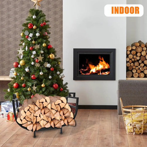 30 Inch Firewood Rack With Log Carrier Bag Upgraded Taller Version 19.7 Inch Height beside indoor fireplace and Christmas tree