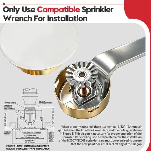 Pro Grade 1/2 Inch NPT Concealed Fire Sprinkler Head With Glass Bulb 155 Fahrenheit 68 Celsius showing installation with wrench and cover plate.