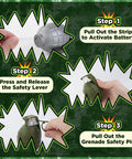 Instruction steps for 4 Pack Toy Grenades Set For Kids, Realistic Boom Sound Effects, showing battery activation and safety lever use