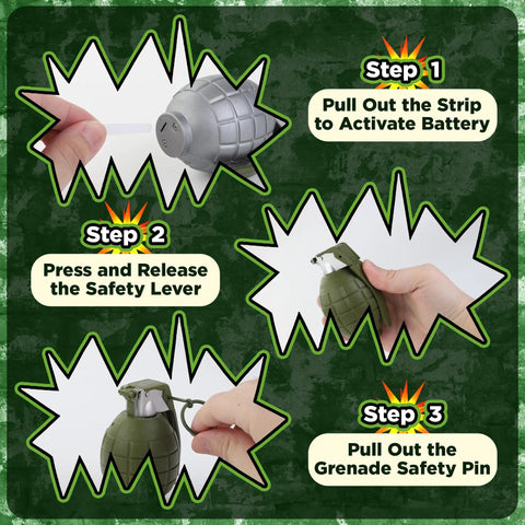 Instruction steps for 4 Pack Toy Grenades Set For Kids, Realistic Boom Sound Effects, showing battery activation and safety lever use