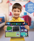 Child holding BrainBlast educational science poster at home